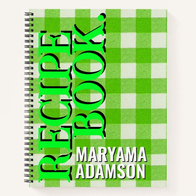 Personalized Recipe Book. | Green Gingham Plaid Notebook (Front)
