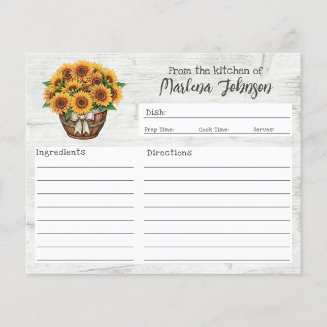 Personalized Recipe Card Rustic Wood & Sunflowers (Front)