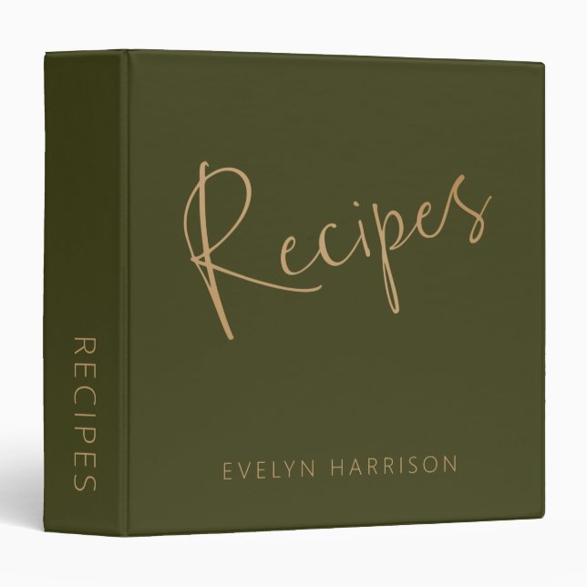 Personalized Recipe Journal in Olive Green Gold Binder (Front/Spine)