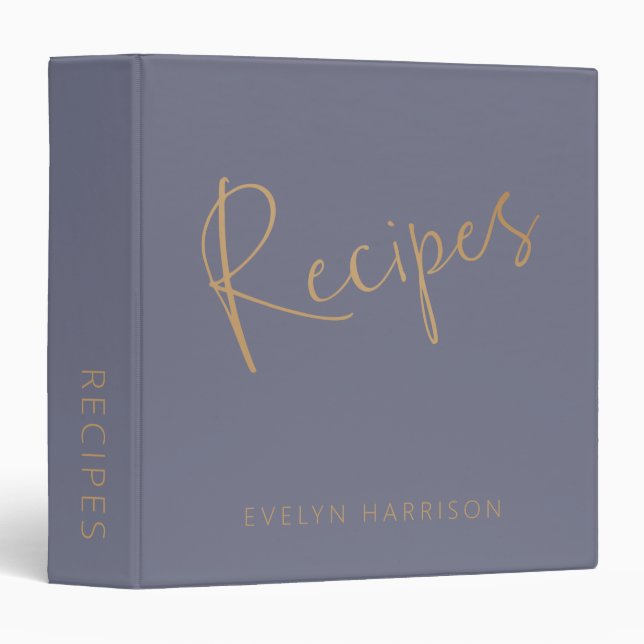 Personalized Recipe Journal in Slate Blue Gold Binder (Front/Spine)