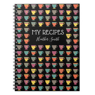 Personalized recipe notebook, colourful tea cups notebook