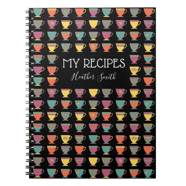 Personalized recipe notebook, colourful tea cups notebook (Front)