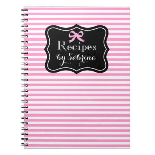 Personalized recipe notebook   Pink stripes & bow