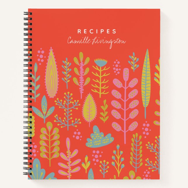 Personalized Recipe Vibrant Folk Botanical Red  Notebook (Front)