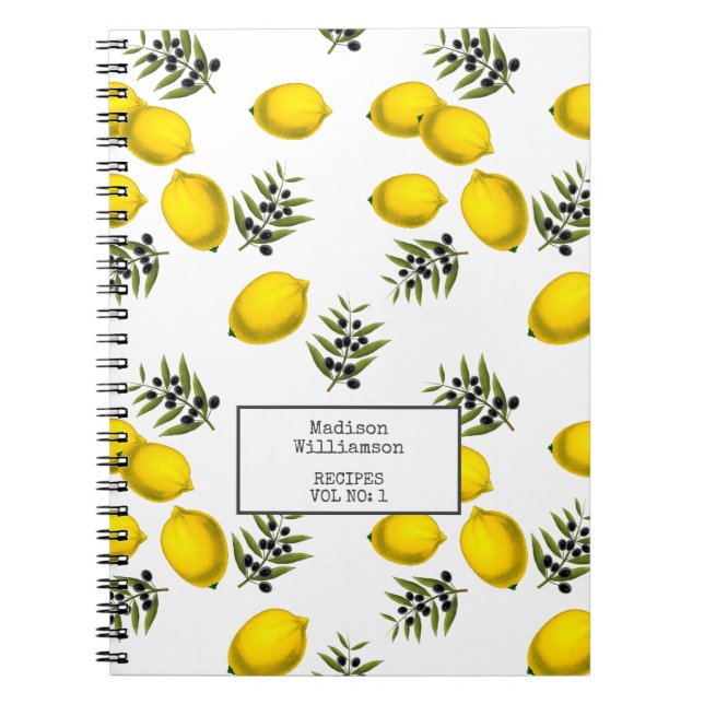Personalized Recipes Lemon and Olive Pattern Notebook (Front)
