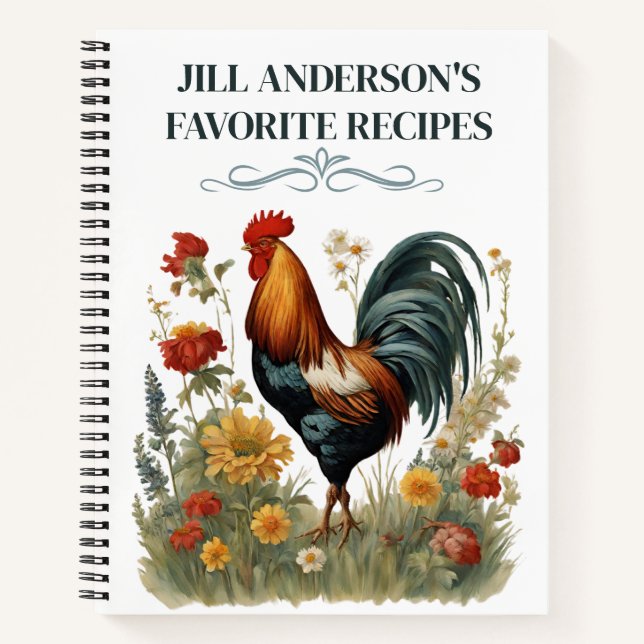 Personalized Recipes Vintage Botanical Rooster  Notebook (Front)