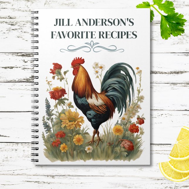 Personalized Recipes Vintage Botanical Rooster  Notebook (Creator Uploaded)