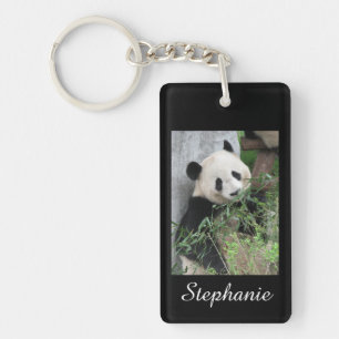 Personalized Rectangular Panda on Black Background Keychain