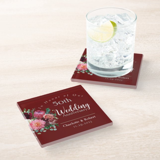 Personalized Red 50th Couples Wedding Anniversary  Glass Coaster (Angled)