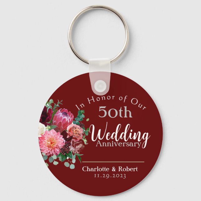 Personalized Red 50th Couples Wedding Anniversary  Keychain (Front)