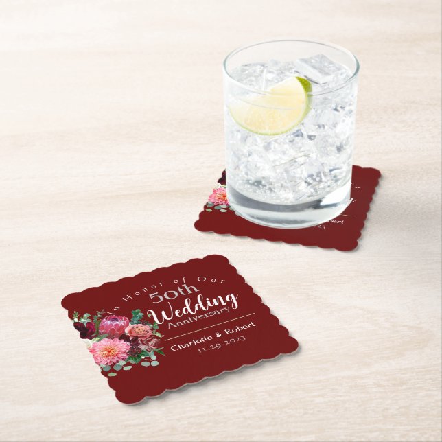 Personalized Red 50th Couples Wedding Anniversary  Paper Coaster (Insitu)