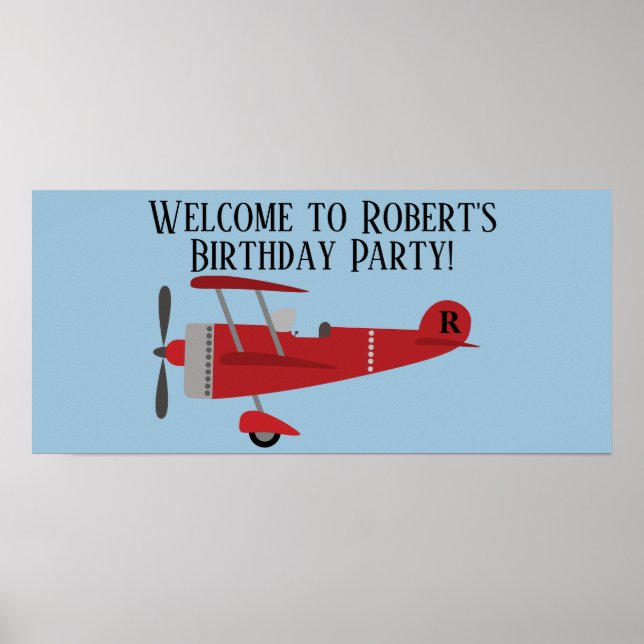Personalized Red Airplane Blue Birthday Party Poster (Front)