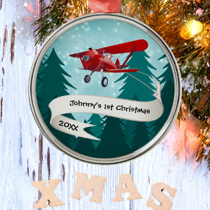 Personalized,Red Airplane & Santa, First Christmas Metal Ornament