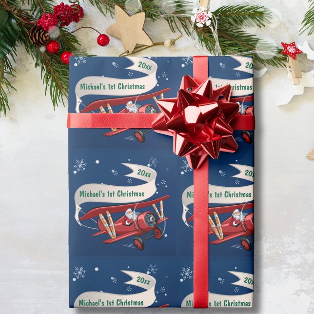 Personalized,Red Airplane & Santa, First Christmas Wrapping Paper (Creator Uploaded)