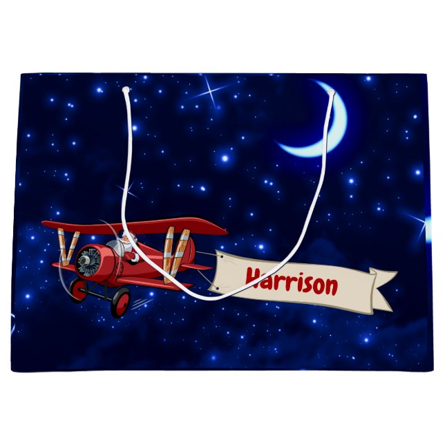 Personalized,Red Airplane & Santa, Merry Christmas Large Gift Bag (Front)