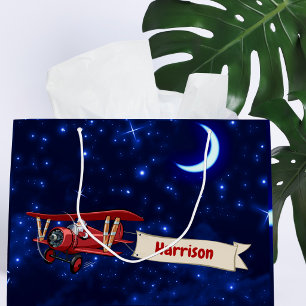 Personalized,Red Airplane & Santa, Merry Christmas Large Gift Bag