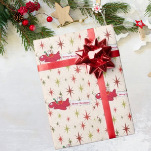 Personalized,Red Airplane & Santa, Merry Christmas Wrapping Paper
