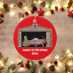 Personalized,Red Airplane & Tree, First Christmas Ceramic Ornament<br><div class="desc">Design features a cute Red Airplane inside a hangar next to a lit up pretty Christmas tree. At the bottom of image lies the text '[Name] 1st Christmas' and year. Customize this ornament with your specific details. This would be perfect for that little aviator! Copyright Soar In Style Designs LLC....</div>