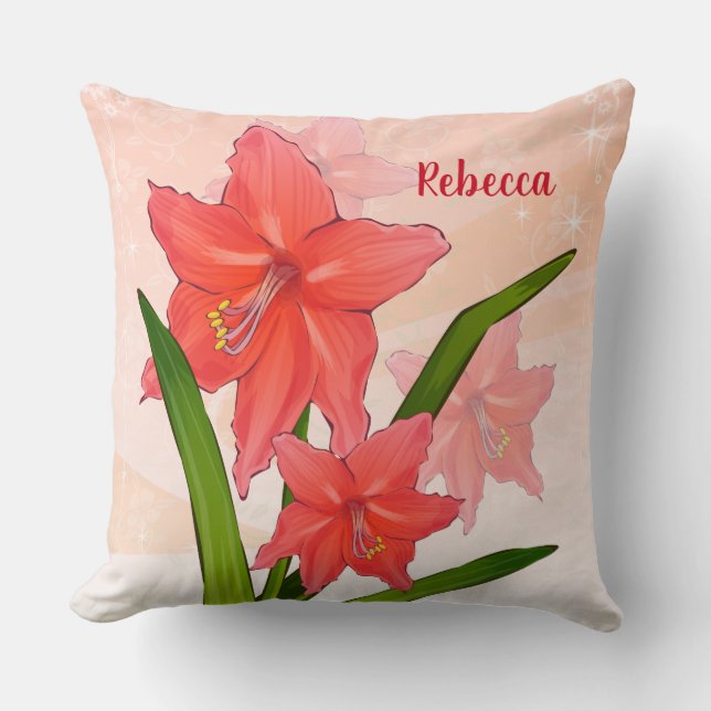 Personalized Red Amaryllis Flowers Throw Pillow (Front)