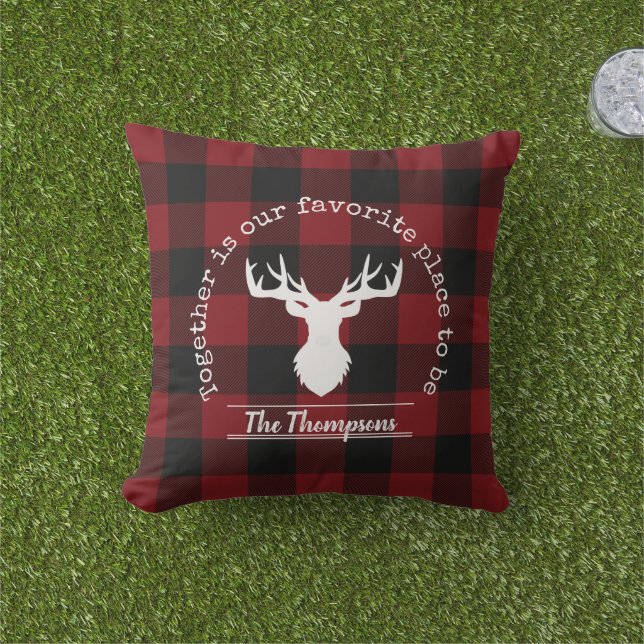 Personalized Red and Black Buffalo Check Outdoor Pillow (Grass)