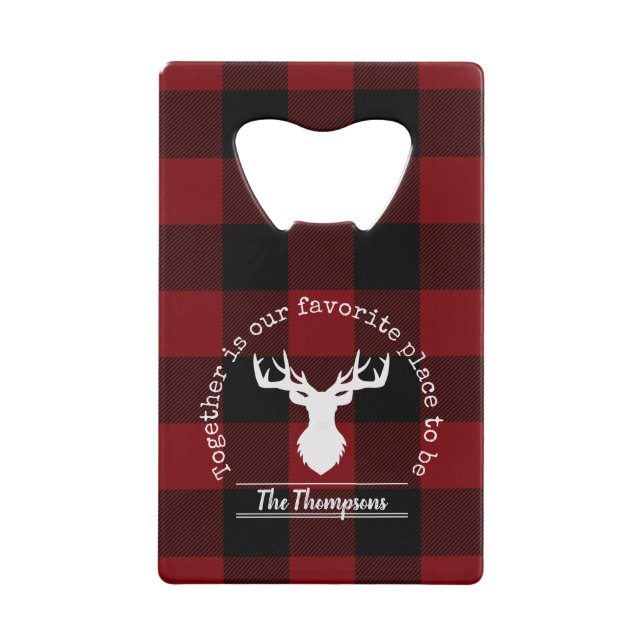 Personalized Red and Black Buffalo Plaid Credit Card Bottle Opener (Front)