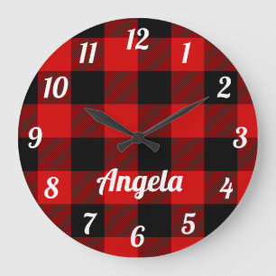 Personalized Red and Black Buffalo Plaid Large Clock