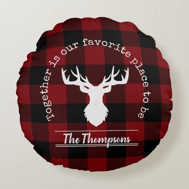 Personalized Red and Black Buffalo Plaid Round Pillow (Front)