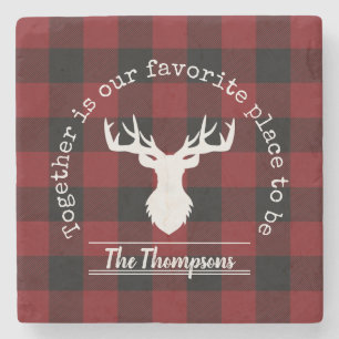 Personalized Red and Black Buffalo Plaid Stone Coaster