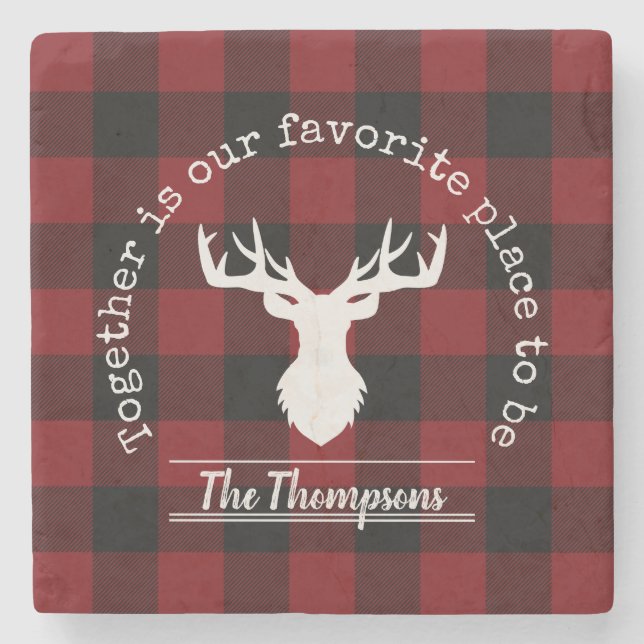 Personalized Red and Black Buffalo Plaid Stone Coaster (Front)