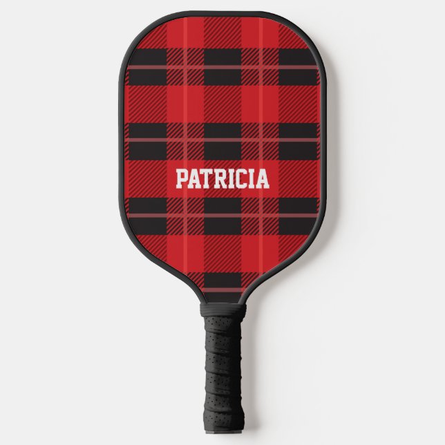 Personalized Red and Black Plaid Pickleball Paddle (Front)
