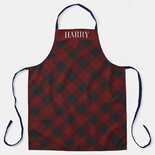Personalized red and black plaid tartan party apron (Front)