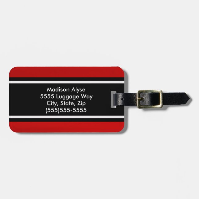 Personalized Red and Black Striped Luggage Tag (Front Horizontal)