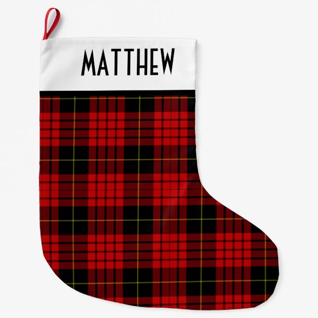 Personalized Red and Black Wallace Plaid Tartan Large Christmas Stocking (Front)
