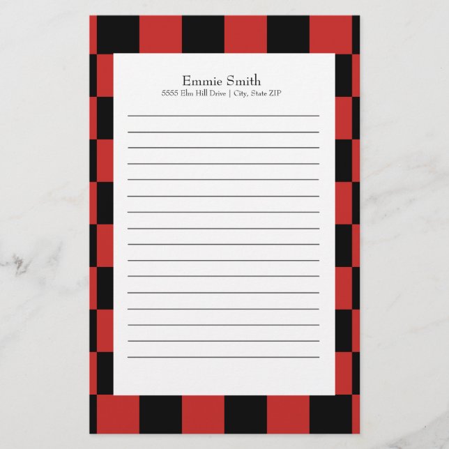 Personalized Red and Black with White Chequered Stationery (Front)