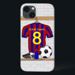 Personalized Red and Blue Football Soccer Jersey iPhone 13 Case<br><div class="desc">Add the name and number or age of the soccer player, football fan or soccer team coach to this unique sports design featuring a red and blue striped football soccer jersey hanging in the locker room. There is a water bottle, a soccer ball and football cleats on the bench under...</div>