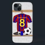 Personalized Red and Blue Football Soccer Jersey iPhone 13 Case<br><div class="desc">Add the name and number or age of the soccer player, football fan or soccer team coach to this unique sports design featuring a red and blue striped football soccer jersey hanging in the locker room. There is a water bottle, a soccer ball and football cleats on the bench under...</div>