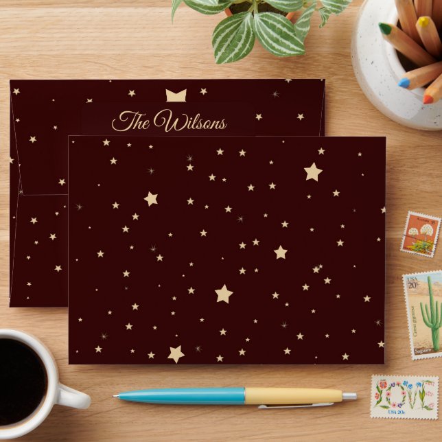 Personalized Red and Gold Starry Night Christmas Envelope (Desk)