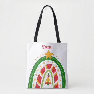 Personalized Red and Green Christmas Rainbow Tote Bag