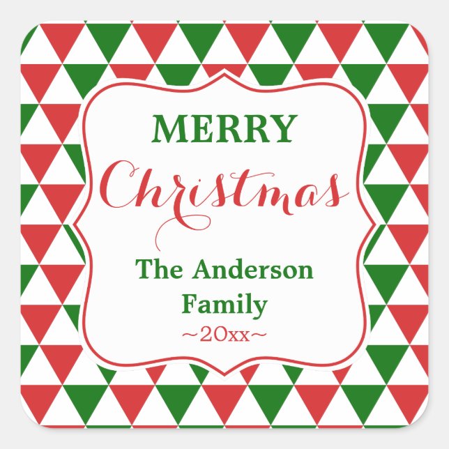 Personalized Red and Green Christmas Triangle Square Sticker (Front)