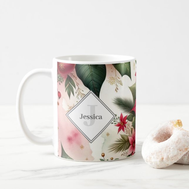 Personalized Red and Green Holiday Poinsettia Coffee Mug (With Donut)