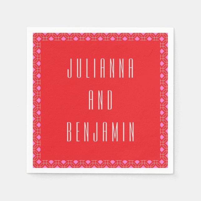 Personalized Red and Pink Geometric Wedding Names Napkin (Front)