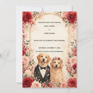 Personalized Red and Pink Rose Golden Retriever Invitation