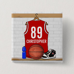 Personalized Red and White Basketball Jersey 2 Inch Square Button