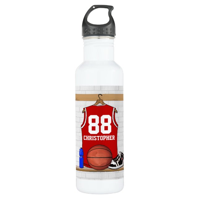 Personalized Red and White Basketball Jersey 710 Ml Water Bottle (Front)