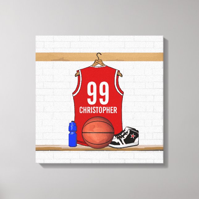 Personalized Red and White Basketball Jersey Canvas Print (Front)
