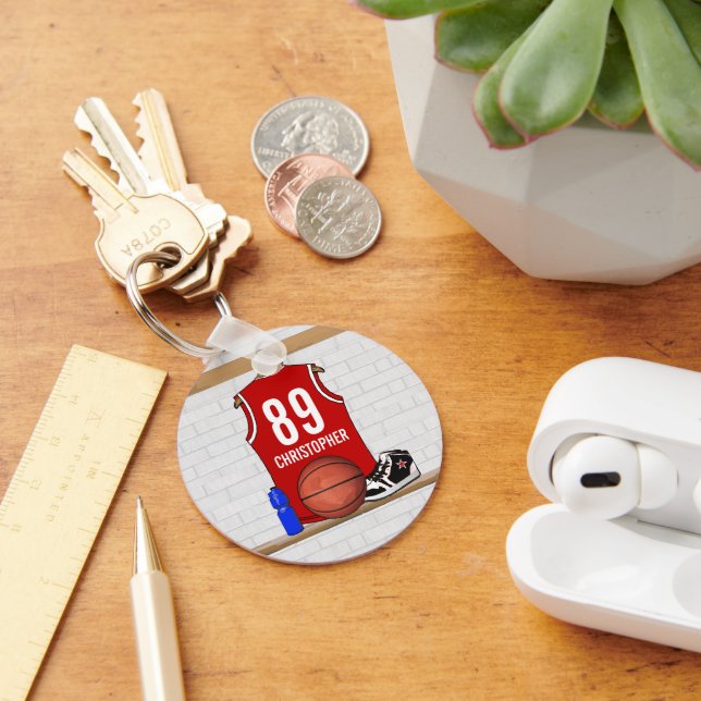 Personalized Red and White Basketball Jersey Keychain (Desk)