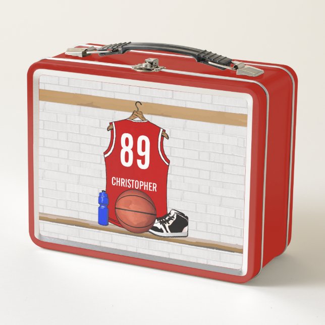 Personalized Red and White Basketball Jersey Metal Lunch Box (Front)