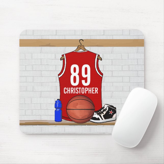 Personalized Red and White Basketball Jersey Mouse Pad (With Mouse)