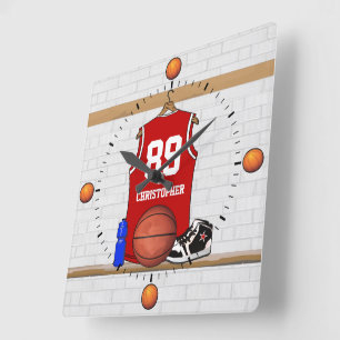 Personalized Red and White Basketball Jersey Square Wall Clock
