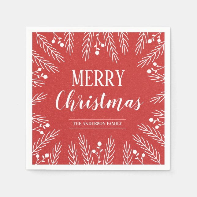 Personalized Red and White Foliage Merry Christmas Napkin (Front)